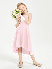 Tea Length Junior Bridesmaid Dresses with Asymmetrical Skirts Blushing Pink