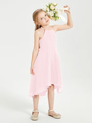 Tea Length Junior Bridesmaid Dresses with Asymmetrical Skirts Blushing Pink