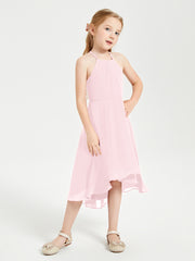 Tea Length Junior Bridesmaid Dresses with Asymmetrical Skirts Blushing Pink