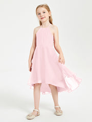 Tea Length Junior Bridesmaid Dresses with Asymmetrical Skirts Blushing Pink