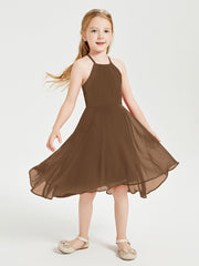 Tea Length Junior Bridesmaid Dresses with Asymmetrical Skirts Brown