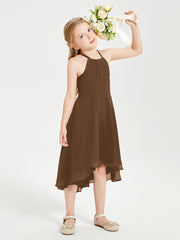 Tea Length Junior Bridesmaid Dresses with Asymmetrical Skirts Brown