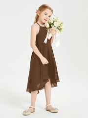 Tea Length Junior Bridesmaid Dresses with Asymmetrical Skirts Brown