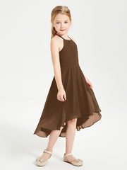 Tea Length Junior Bridesmaid Dresses with Asymmetrical Skirts Brown