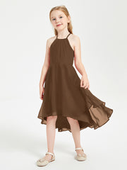 Tea Length Junior Bridesmaid Dresses with Asymmetrical Skirts Brown