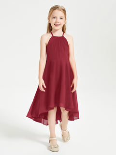 Tea Length Junior Bridesmaid Dresses with Asymmetrical Skirts Burgundy