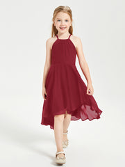 Tea Length Junior Bridesmaid Dresses with Asymmetrical Skirts Burgundy