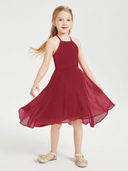 Tea Length Junior Bridesmaid Dresses with Asymmetrical Skirts Burgundy
