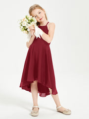 Tea Length Junior Bridesmaid Dresses with Asymmetrical Skirts Burgundy
