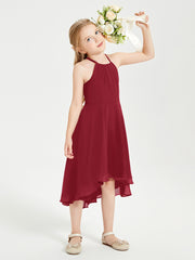 Tea Length Junior Bridesmaid Dresses with Asymmetrical Skirts Burgundy