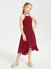 Tea Length Junior Bridesmaid Dresses with Asymmetrical Skirts Burgundy