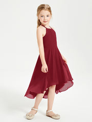Tea Length Junior Bridesmaid Dresses with Asymmetrical Skirts Burgundy