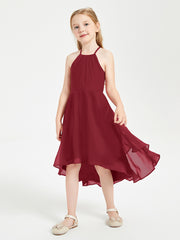 Tea Length Junior Bridesmaid Dresses with Asymmetrical Skirts Burgundy