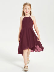 Tea Length Junior Bridesmaid Dresses with Asymmetrical Skirts Cabernet