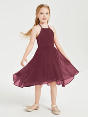 Tea Length Junior Bridesmaid Dresses with Asymmetrical Skirts Cabernet