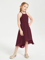 Tea Length Junior Bridesmaid Dresses with Asymmetrical Skirts Cabernet