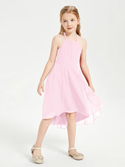 Tea Length Junior Bridesmaid Dresses with Asymmetrical Skirts Candy Pink