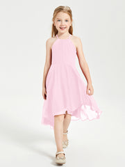 Tea Length Junior Bridesmaid Dresses with Asymmetrical Skirts Candy Pink