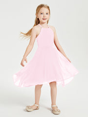 Tea Length Junior Bridesmaid Dresses with Asymmetrical Skirts Candy Pink
