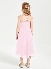 Tea Length Junior Bridesmaid Dresses with Asymmetrical Skirts Candy Pink