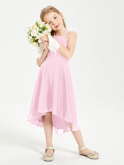 Tea Length Junior Bridesmaid Dresses with Asymmetrical Skirts Candy Pink