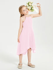 Tea Length Junior Bridesmaid Dresses with Asymmetrical Skirts Candy Pink