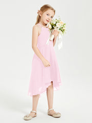 Tea Length Junior Bridesmaid Dresses with Asymmetrical Skirts Candy Pink