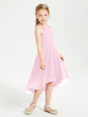 Tea Length Junior Bridesmaid Dresses with Asymmetrical Skirts Candy Pink