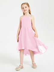 Tea Length Junior Bridesmaid Dresses with Asymmetrical Skirts Candy Pink