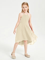 Tea Length Junior Bridesmaid Dresses with Asymmetrical Skirts Champagne
