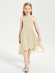 Tea Length Junior Bridesmaid Dresses with Asymmetrical Skirts Champagne