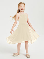 Tea Length Junior Bridesmaid Dresses with Asymmetrical Skirts Champagne