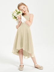 Tea Length Junior Bridesmaid Dresses with Asymmetrical Skirts Champagne