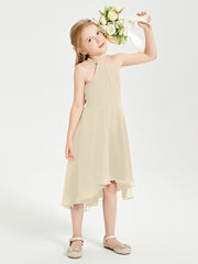 Tea Length Junior Bridesmaid Dresses with Asymmetrical Skirts Champagne