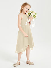 Tea Length Junior Bridesmaid Dresses with Asymmetrical Skirts Champagne