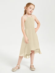 Tea Length Junior Bridesmaid Dresses with Asymmetrical Skirts Champagne