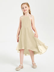 Tea Length Junior Bridesmaid Dresses with Asymmetrical Skirts Champagne