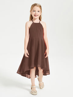 Tea Length Junior Bridesmaid Dresses with Asymmetrical Skirts Chocolate