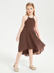 Tea Length Junior Bridesmaid Dresses with Asymmetrical Skirts Chocolate