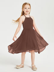 Tea Length Junior Bridesmaid Dresses with Asymmetrical Skirts Chocolate