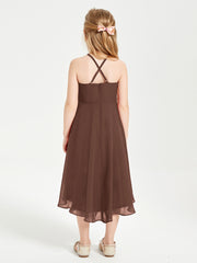 Tea Length Junior Bridesmaid Dresses with Asymmetrical Skirts Chocolate