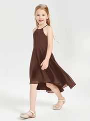 Tea Length Junior Bridesmaid Dresses with Asymmetrical Skirts Chocolate