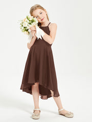 Tea Length Junior Bridesmaid Dresses with Asymmetrical Skirts Chocolate