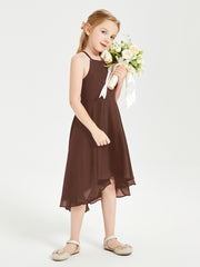 Tea Length Junior Bridesmaid Dresses with Asymmetrical Skirts Chocolate