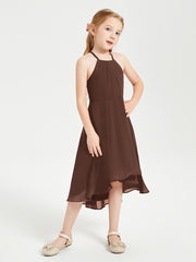Tea Length Junior Bridesmaid Dresses with Asymmetrical Skirts Chocolate