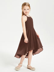 Tea Length Junior Bridesmaid Dresses with Asymmetrical Skirts Chocolate
