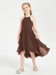 Tea Length Junior Bridesmaid Dresses with Asymmetrical Skirts Chocolate