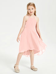 Tea Length Junior Bridesmaid Dresses with Asymmetrical Skirts Coral