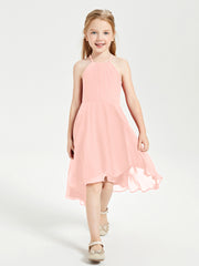 Tea Length Junior Bridesmaid Dresses with Asymmetrical Skirts Coral