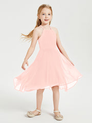 Tea Length Junior Bridesmaid Dresses with Asymmetrical Skirts Coral